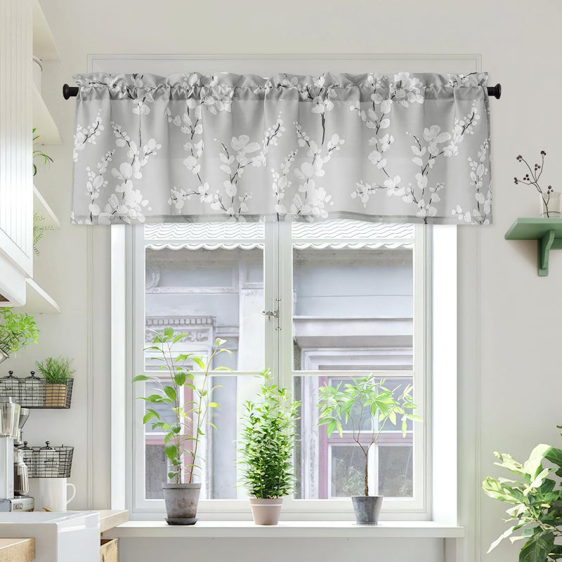 FMFUNCTEX Gray-White Kitchen Valance Curtain 15-inches Length Blossom Print Canvas Window Curtain Valance for Cafe Floral Botanical Pattern Window Top Curtain Rod Pocket 1 Pack - Image 5